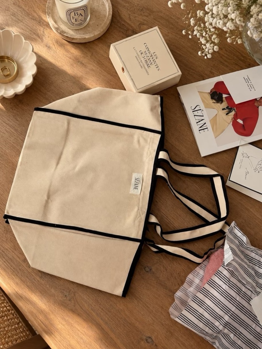 Sezane Large Canvas Tote with Black Trim NWT
